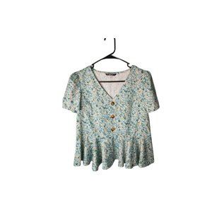 Shein Blue Daisy Floral Peplum Blouse Button Front Top Women’s XS